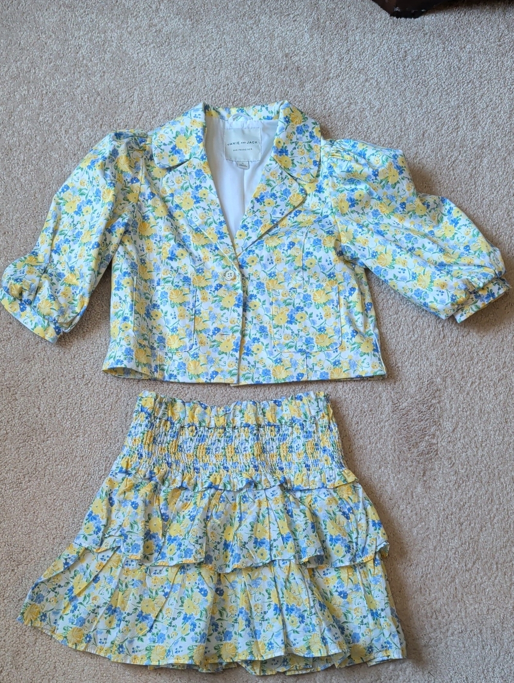 Janie and Jack White Floral Two-Piece with Yellow & Blue Print